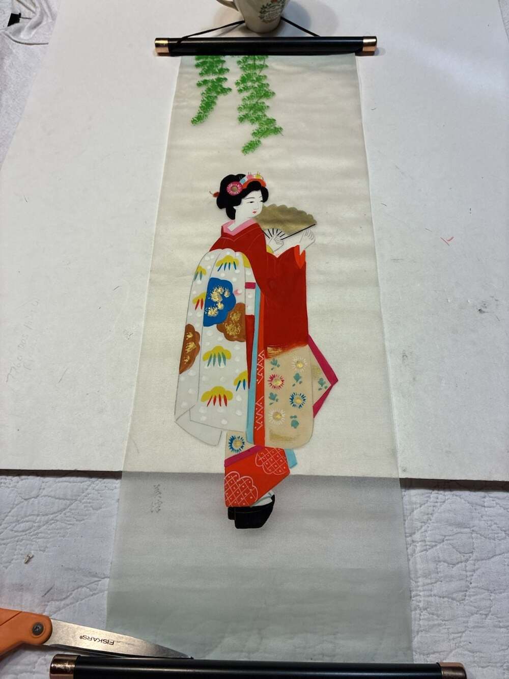 Vintage Japanese Bijin-ga Hanging Scroll Kakejiku Geisha Painting with Fan